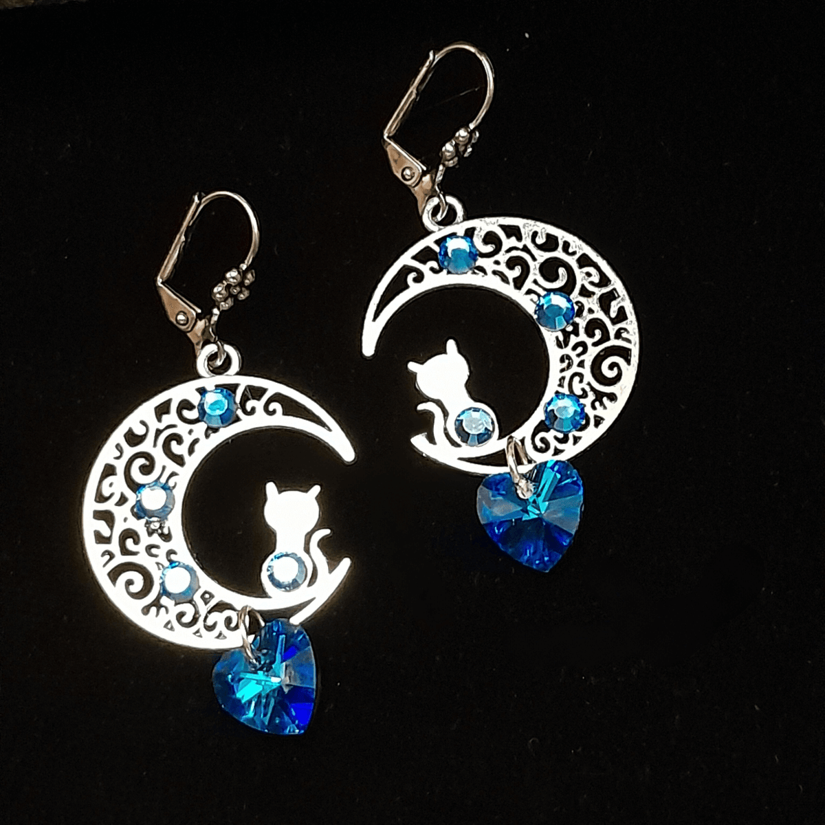 Cat Moon Blue Crystal Heart Earrings