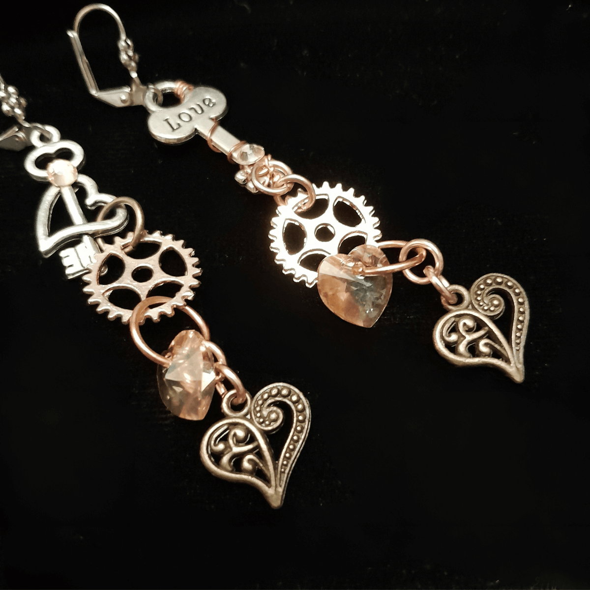 Asymmetrical Key Crystal Heart Earrings