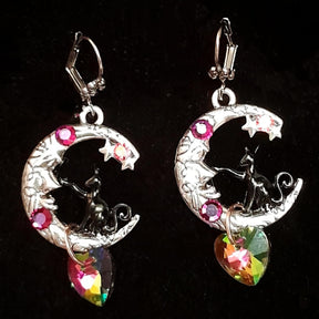 Cat Moon Crystal Heart Earrings