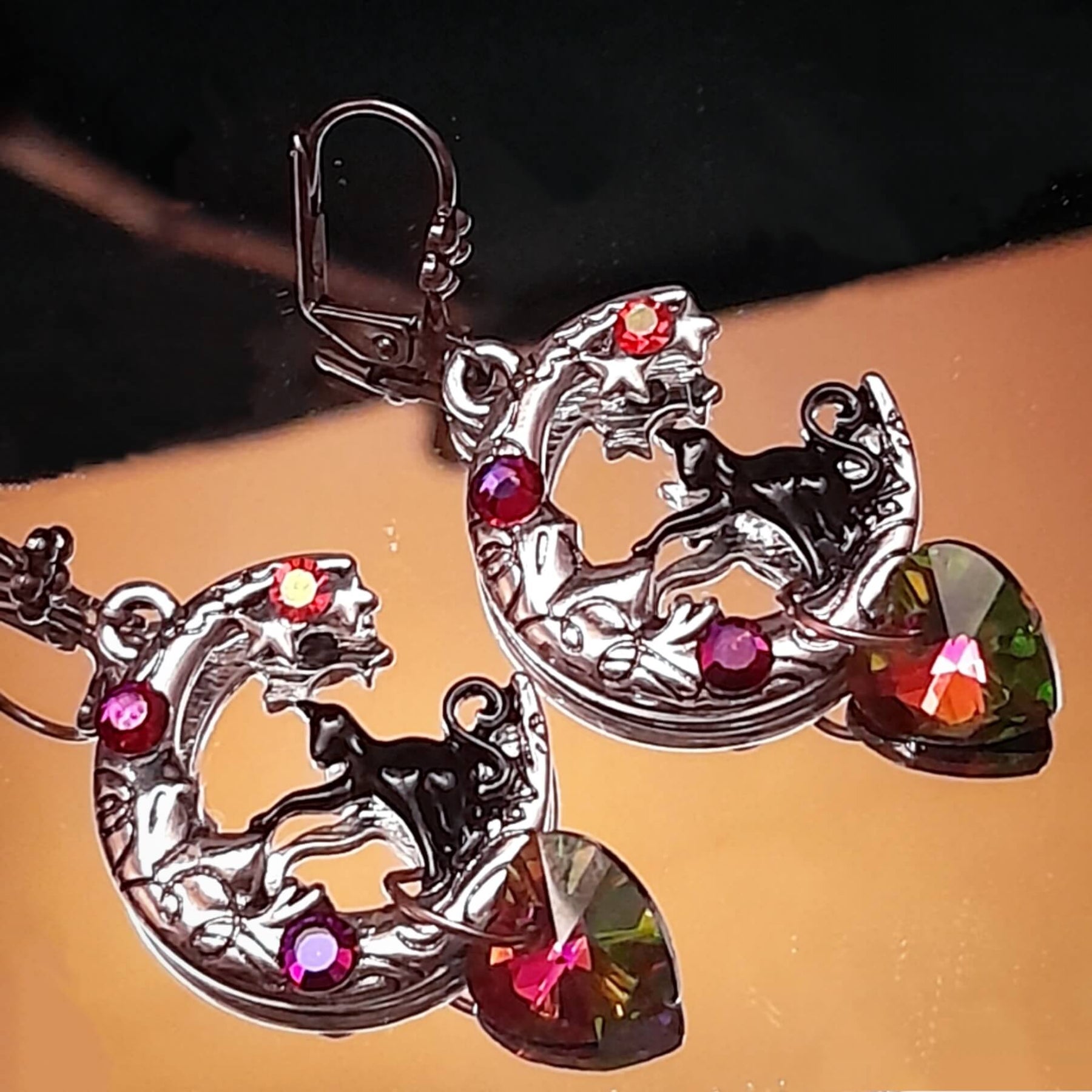 Cat Moon Crystal Heart Earrings