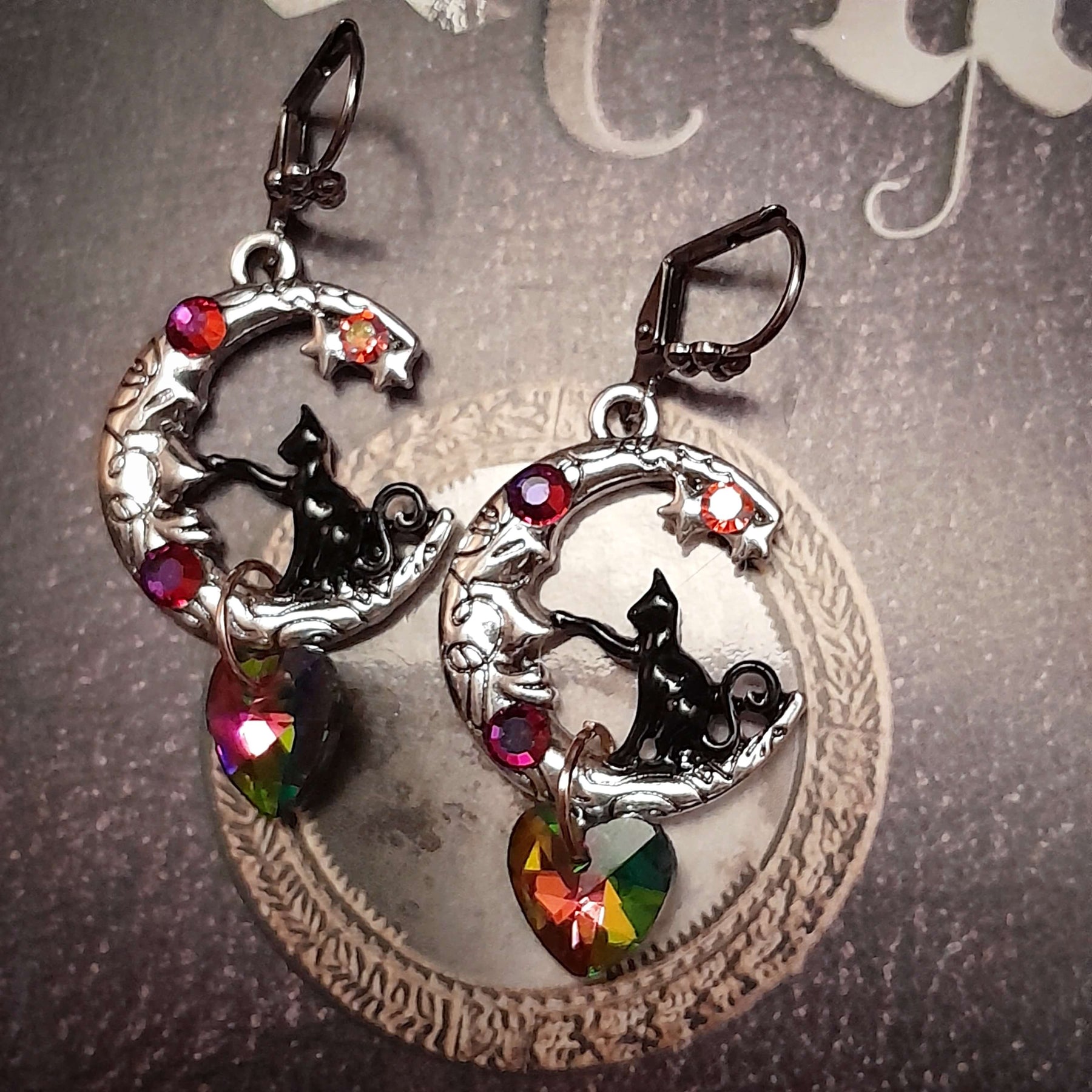 Cat Moon Crystal Heart Earrings