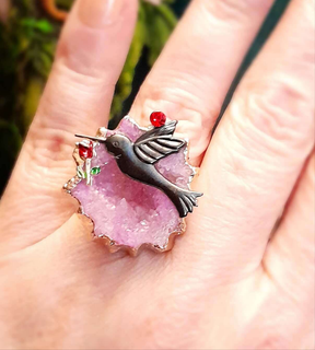 Adjustable Ring Pink Geode Hummingbird