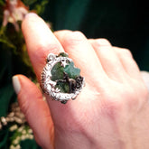 Adjustable Ring Green Geode Cat & Moon