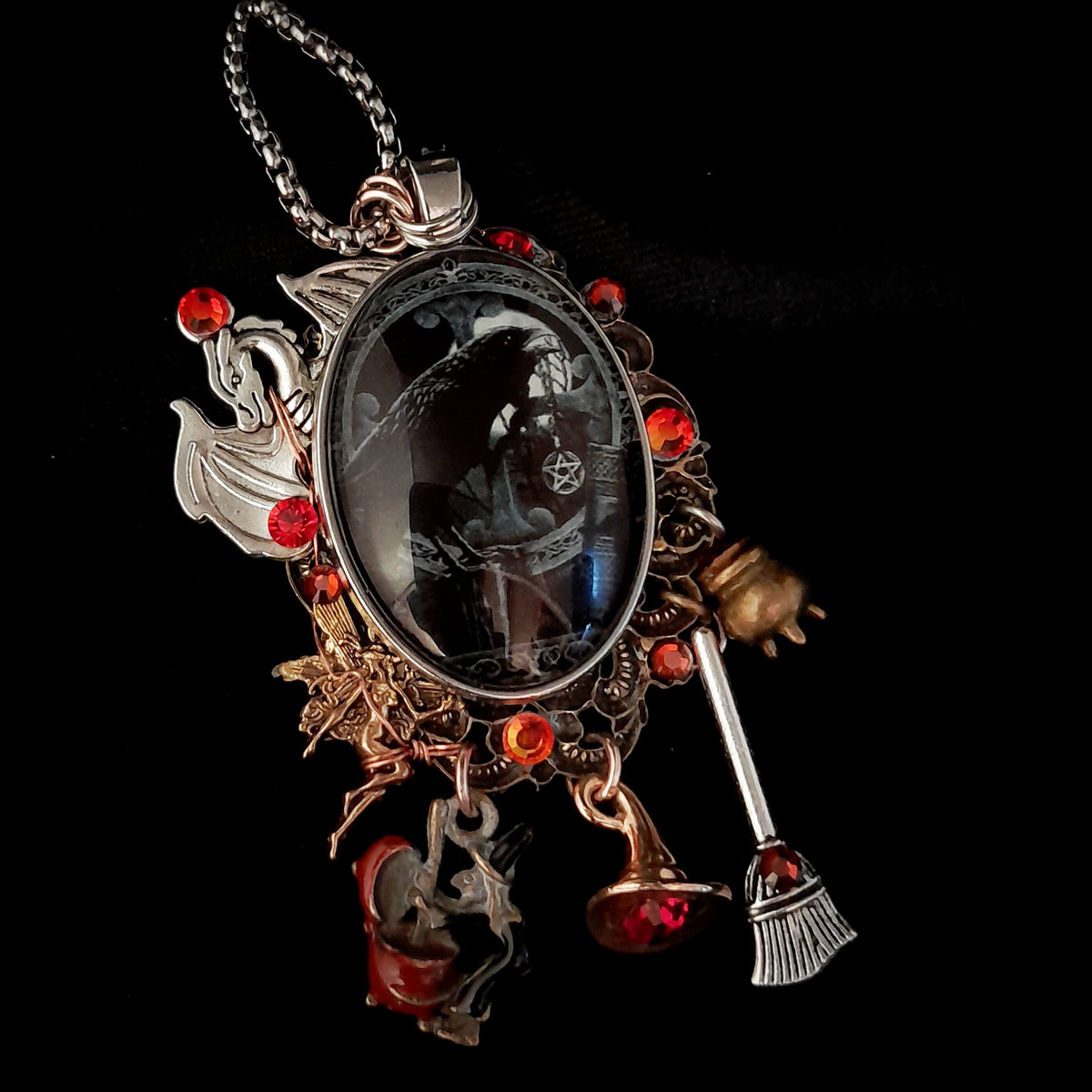 Raven Witchy Dragon Cabochon Necklace