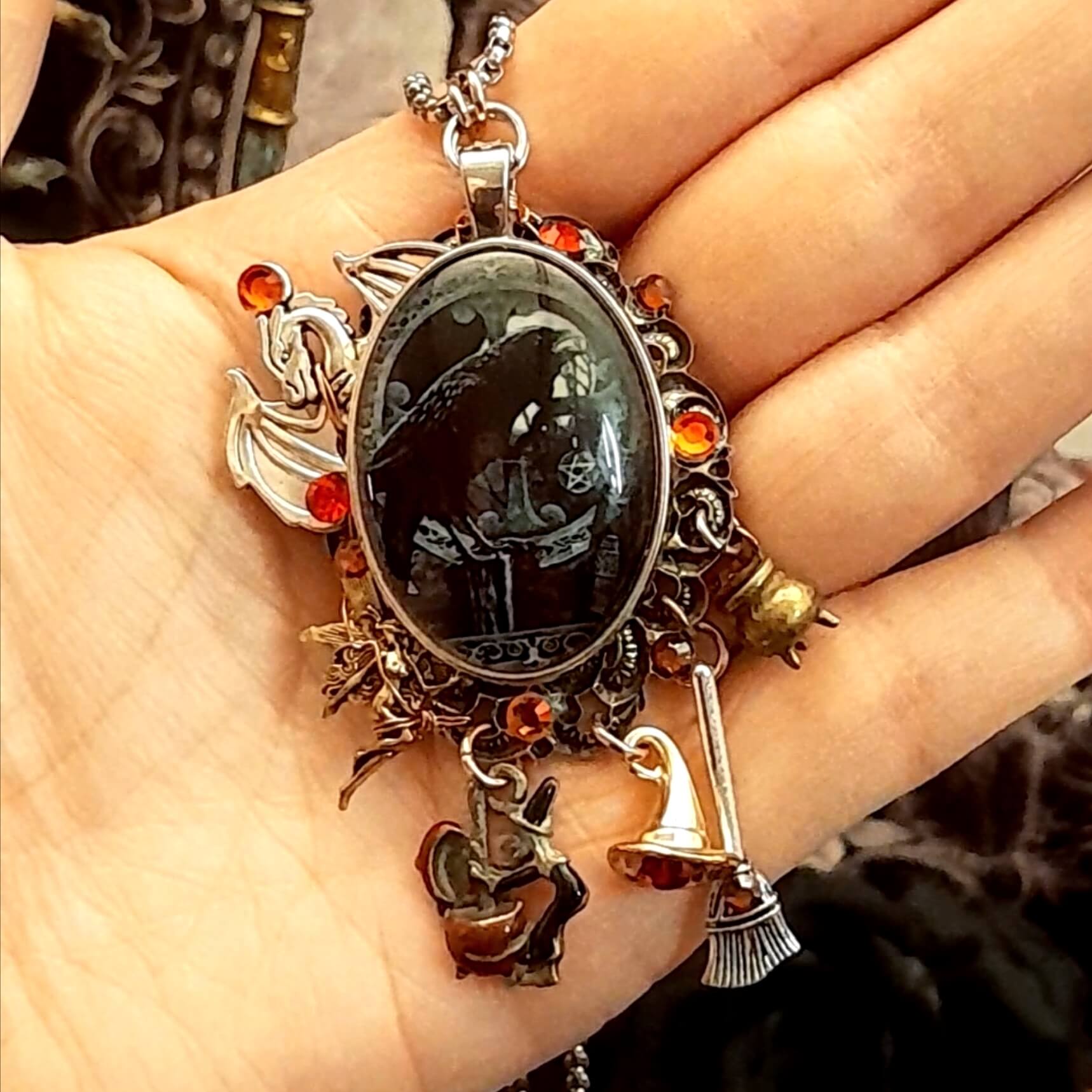 Raven Witchy Dragon Cabochon Necklace