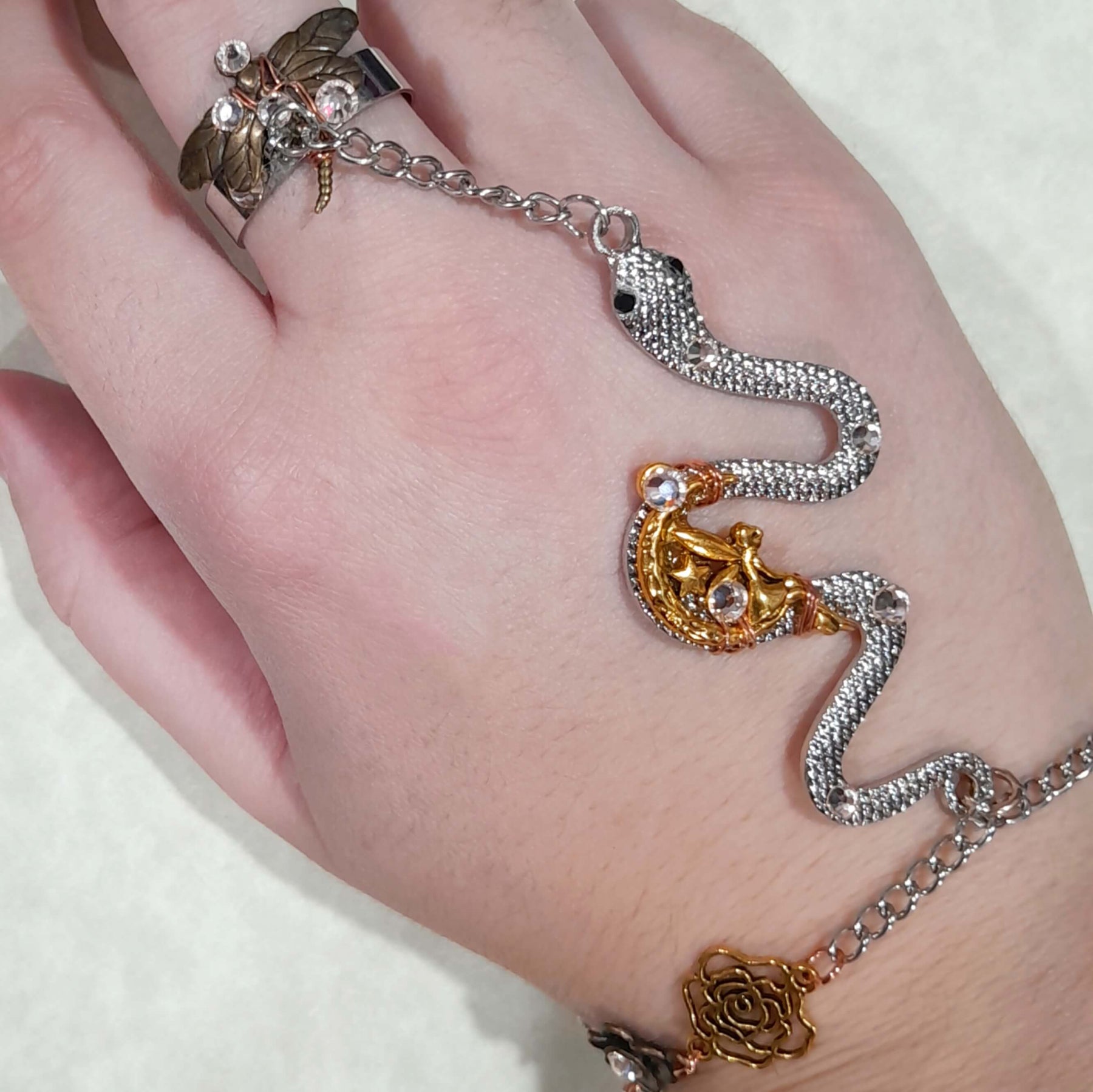 Snake & Dragonfly Fantasy Hand Chain