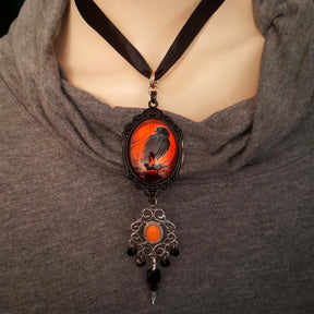 Falcon Cabochon Black Ribbon Necklace