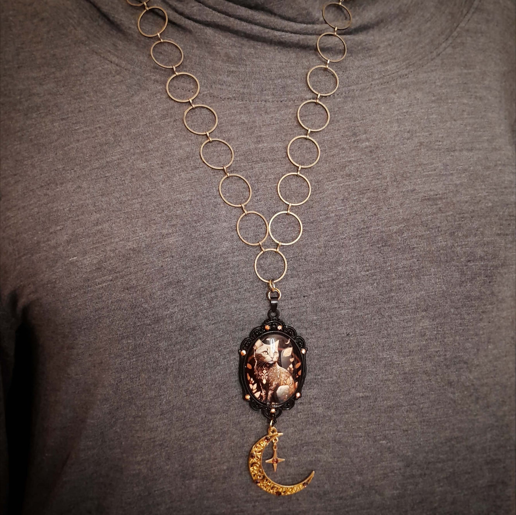 Magical Cat & Moon Cabochon Necklace