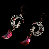 Cat Moon Crystal Dangle Earrings