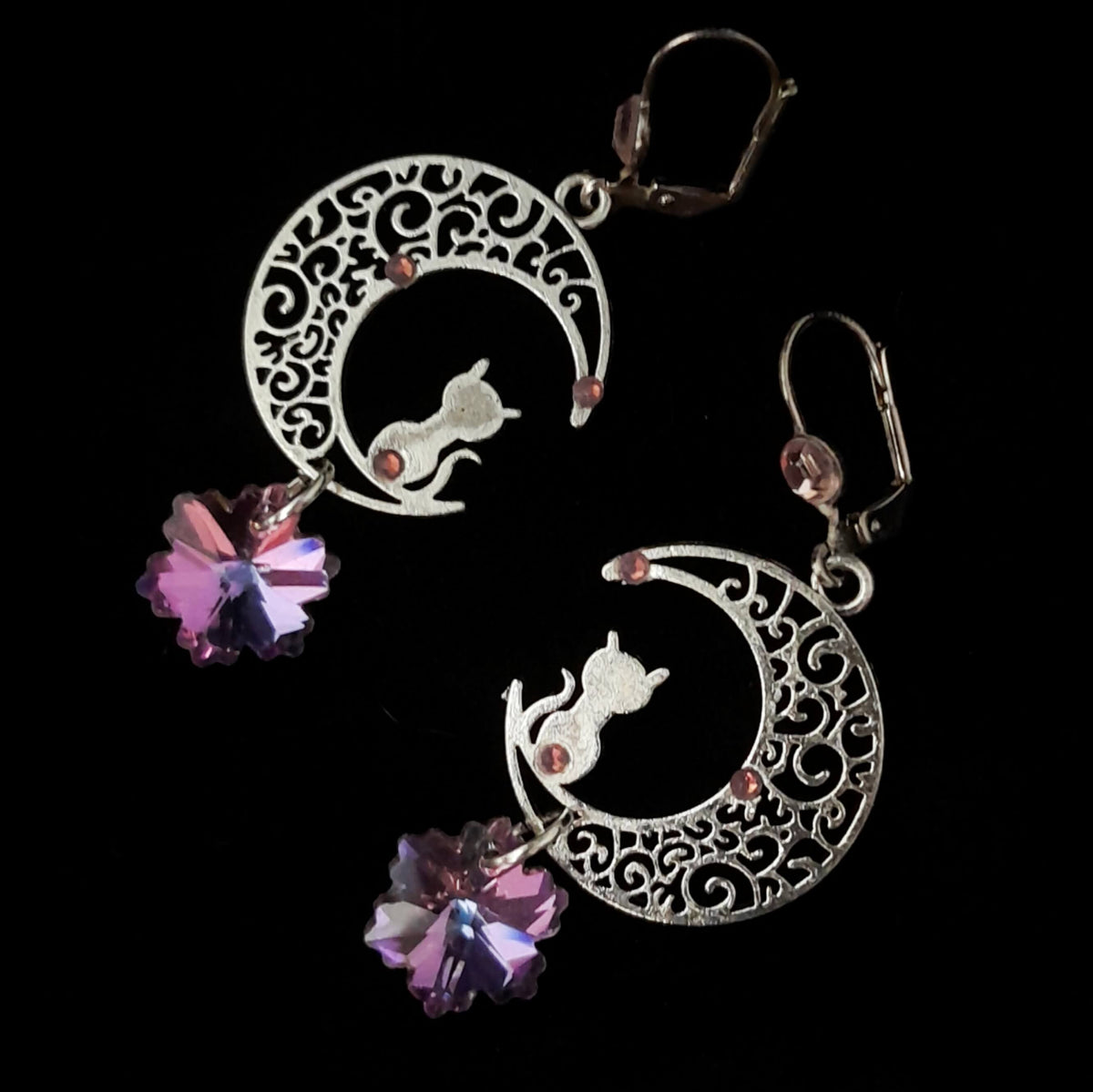 Purple Crystal Cat Moon Earrings