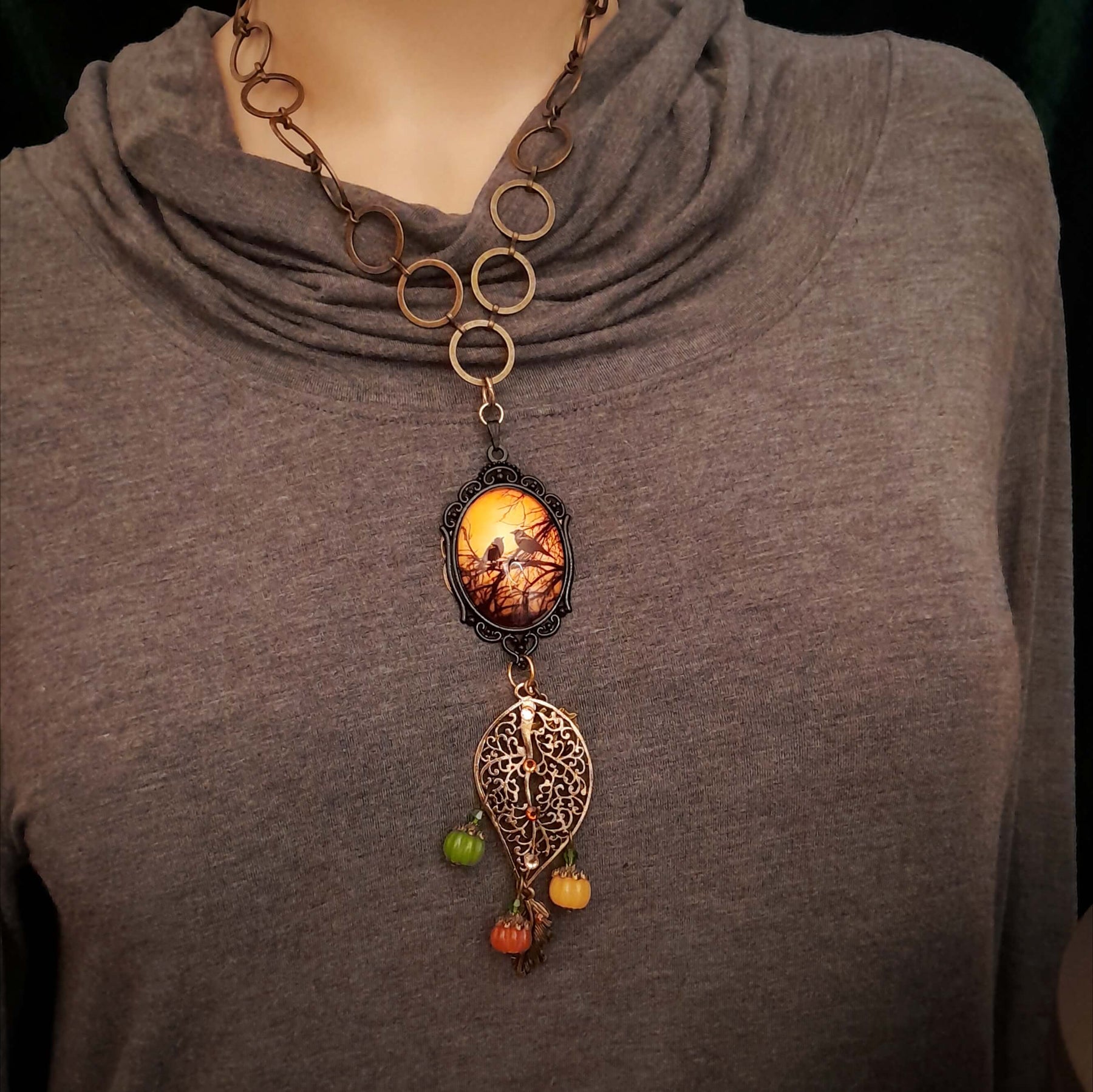 Birds & Pumpkins Nature Cabochon Necklace