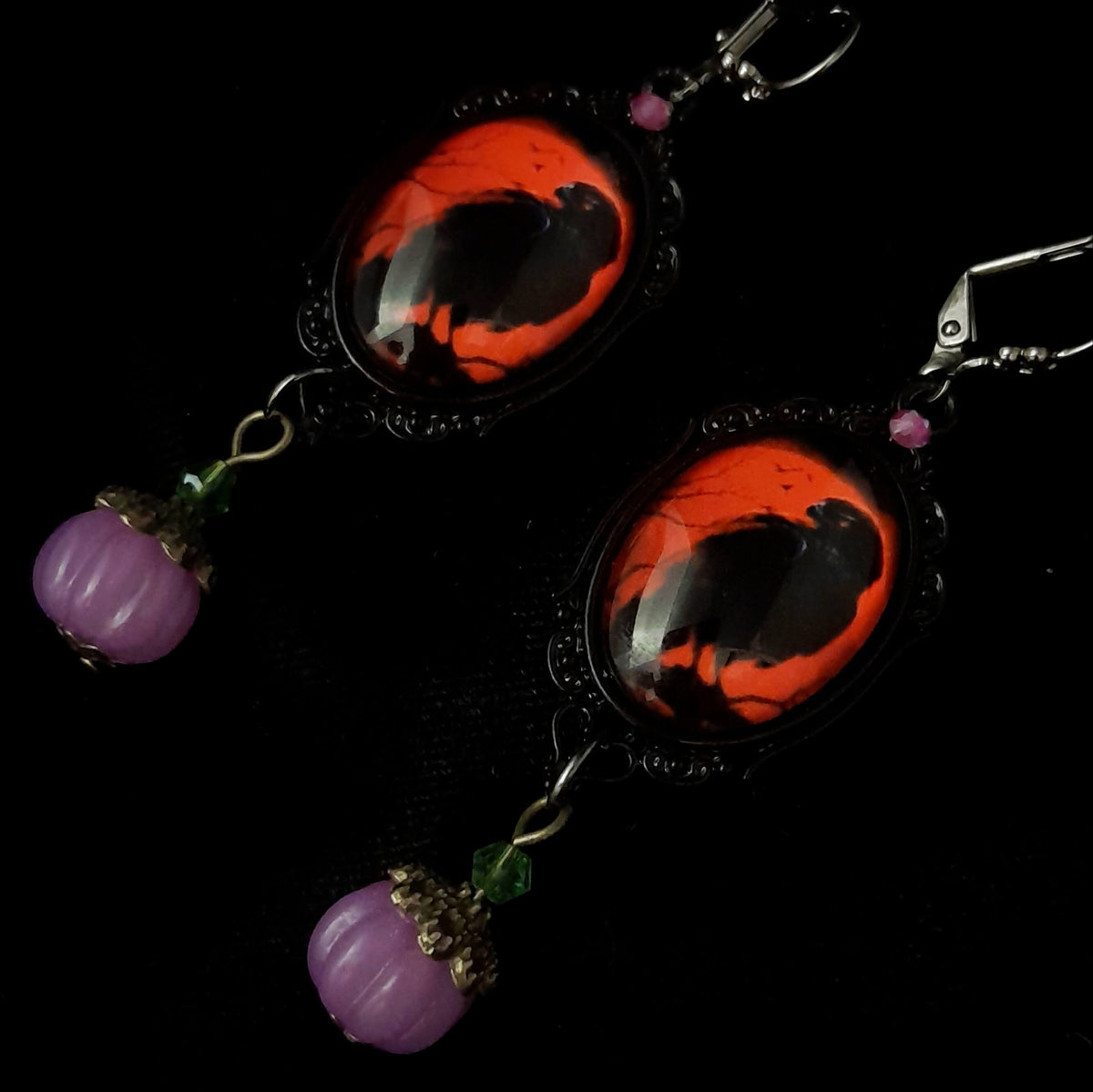 Crow Cabochon Earrings Red & Purple