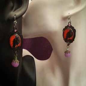 Crow Cabochon Earrings Red & Purple