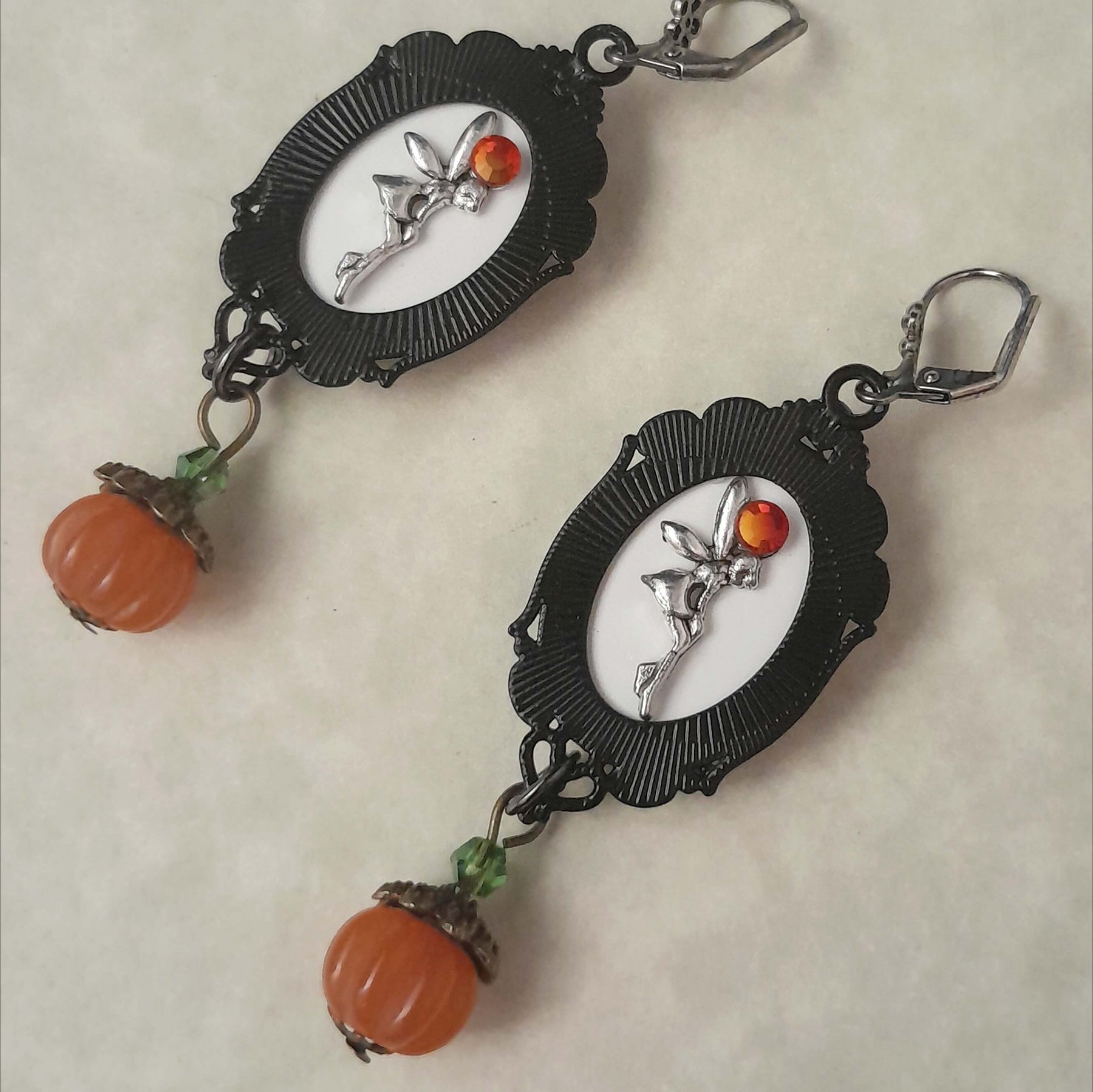 Red Cabochon Crow & Pumpkin Earrings