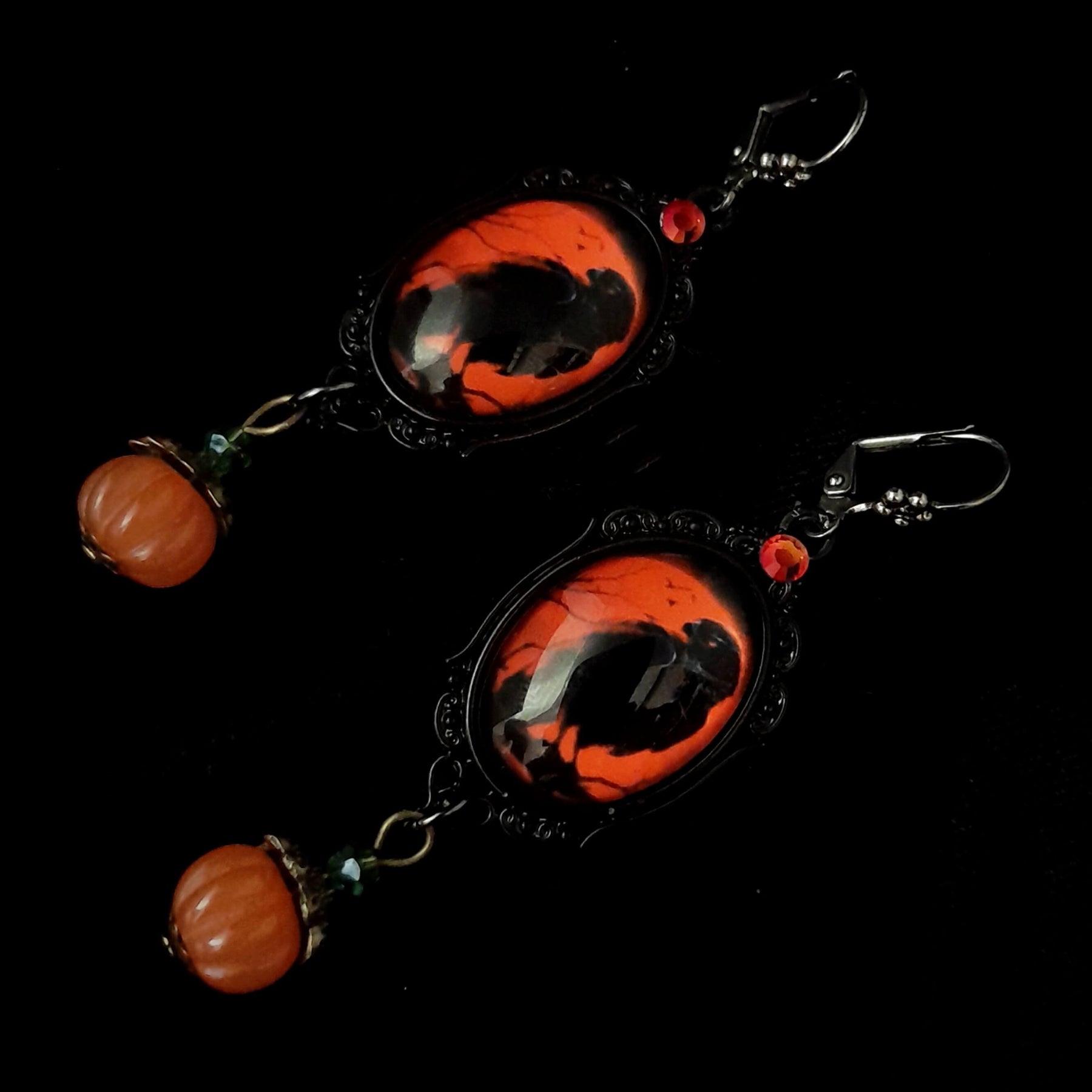 Red Cabochon Crow & Pumpkin Earrings