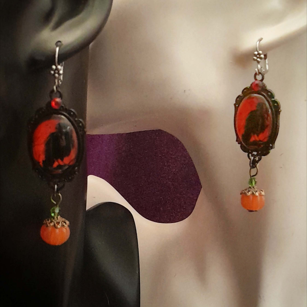 Red Cabochon Crow & Pumpkin Earrings