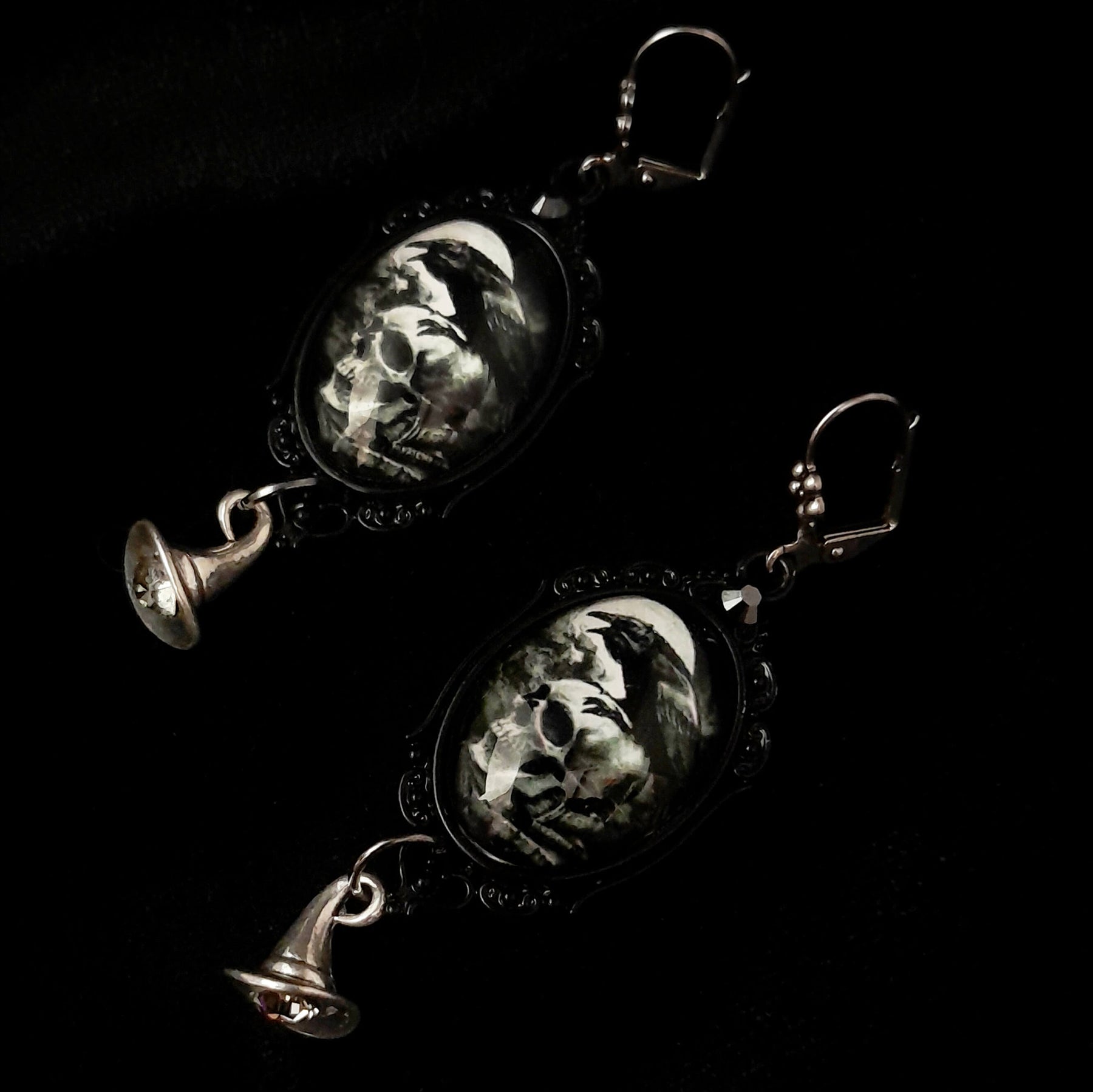 Crow & Skull Witchy Cabochon Earrings