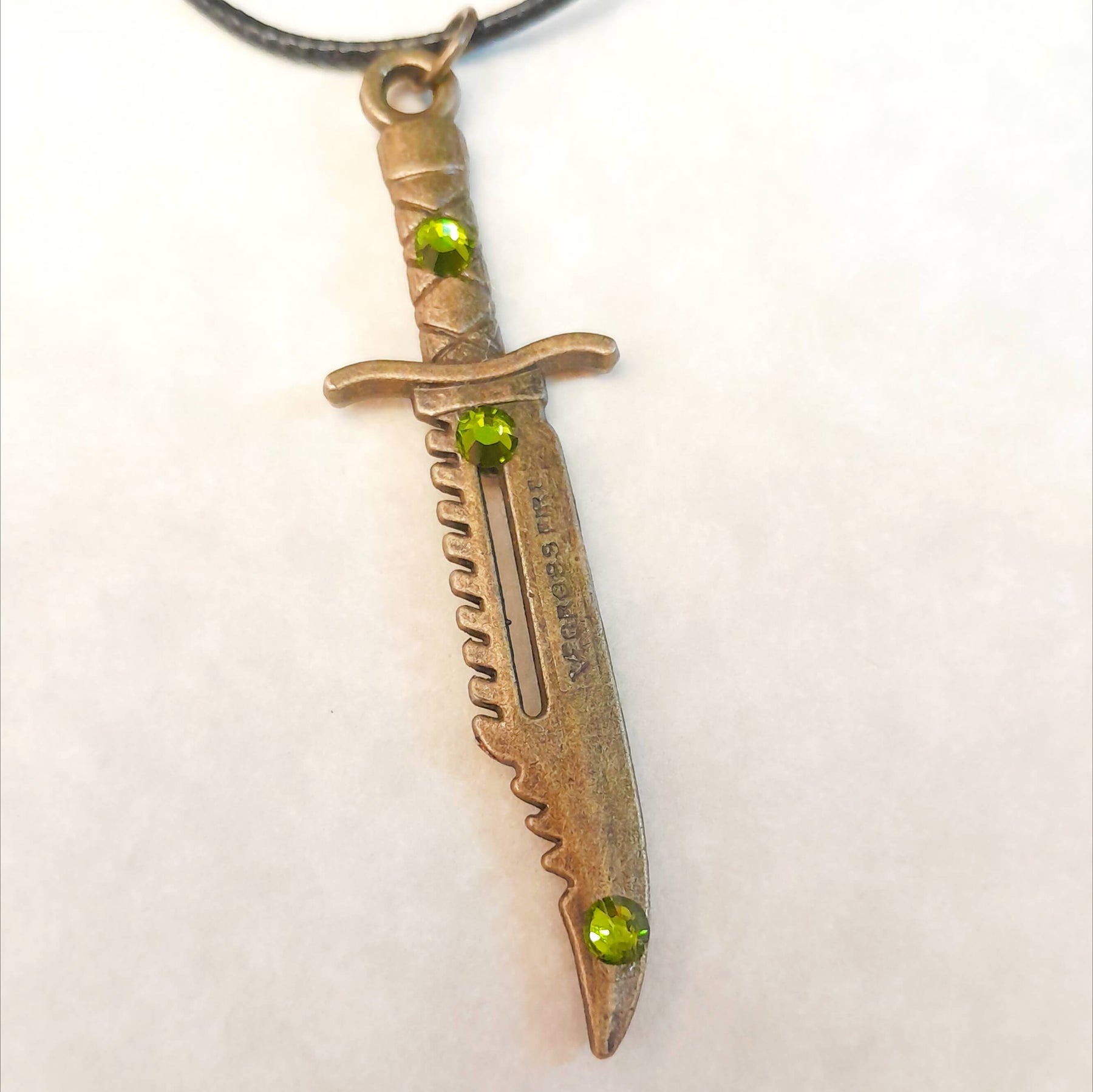 Antique Brass Dagger Green Crystal Necklace