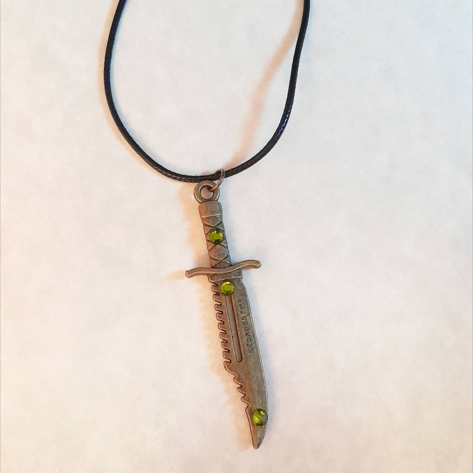 Antique Brass Dagger Green Crystal Necklace