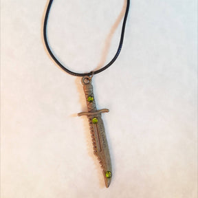 Antique Brass Dagger Green Crystal Necklace