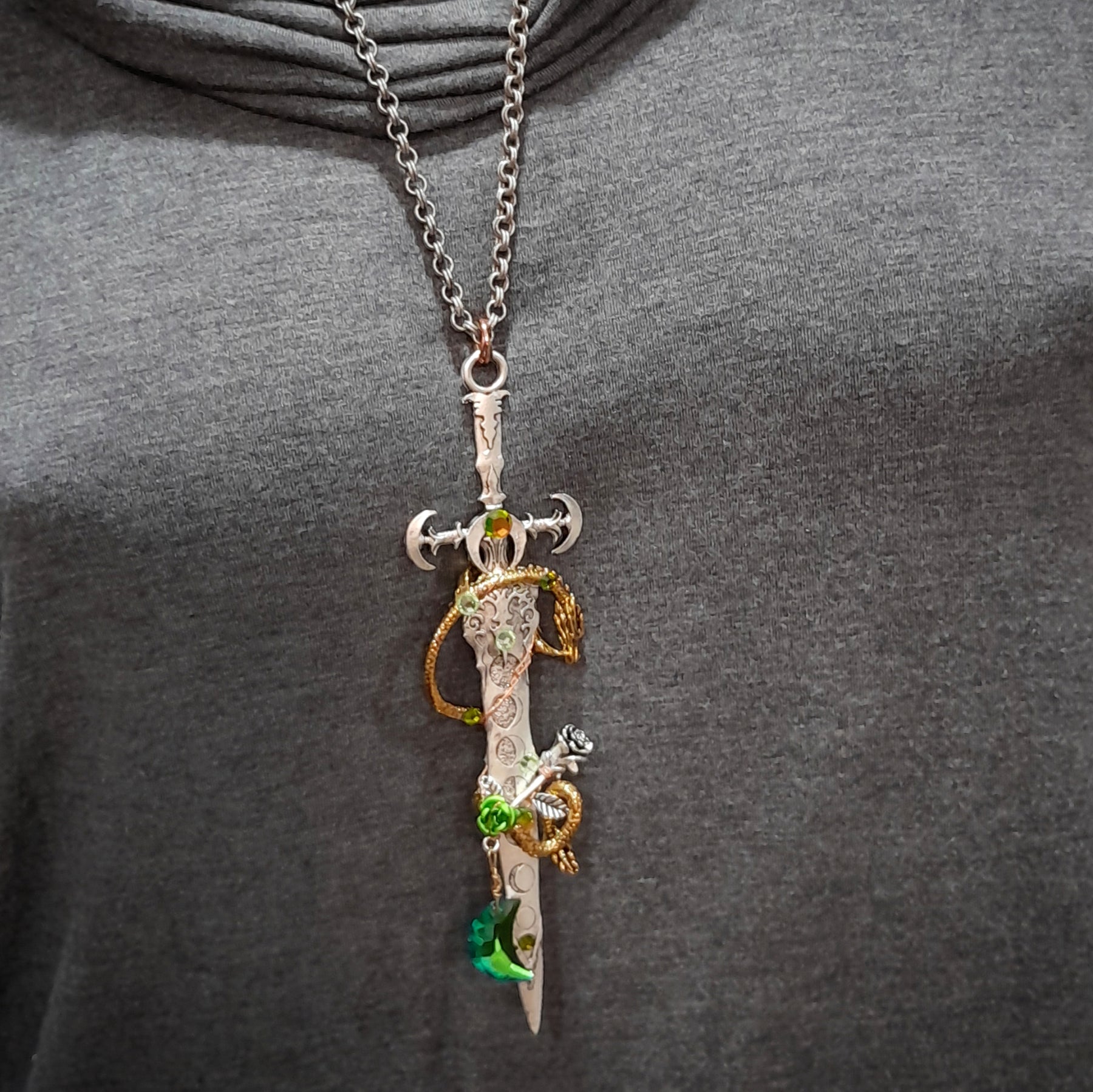 Green Crystal Dragon Sword Necklace