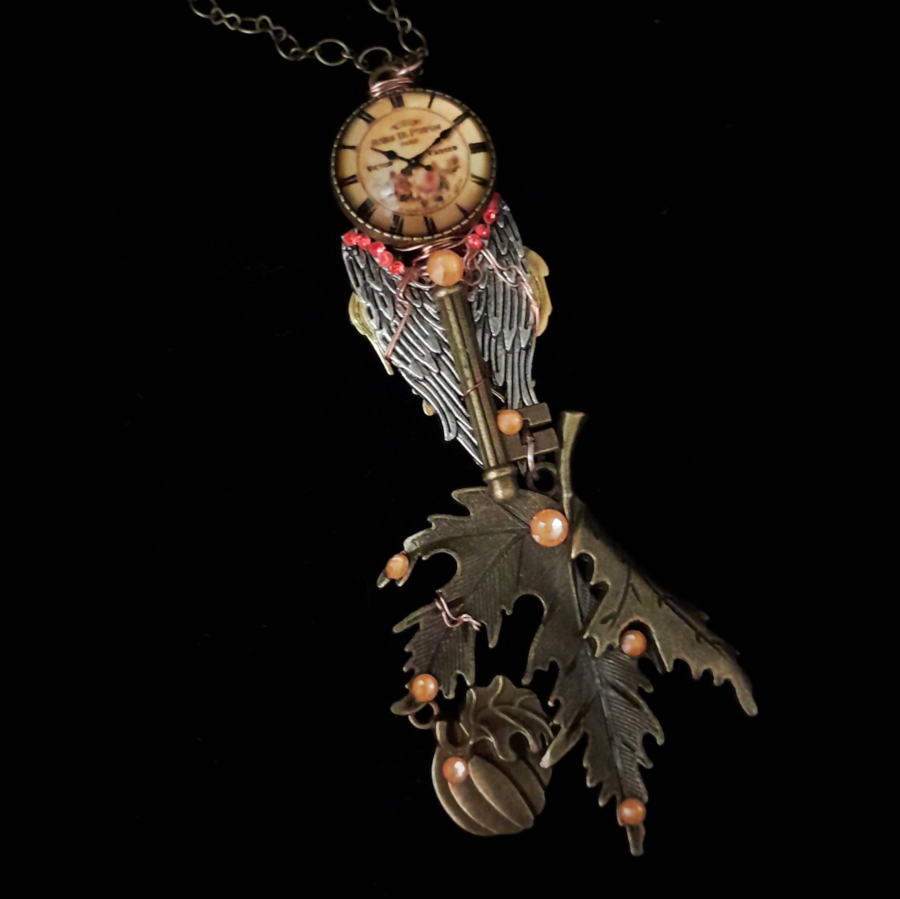 Maple Leaf Winged Clock Necklace