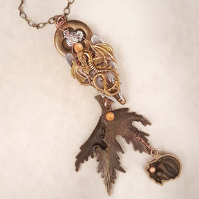 Maple Leaf Winged Clock Necklace