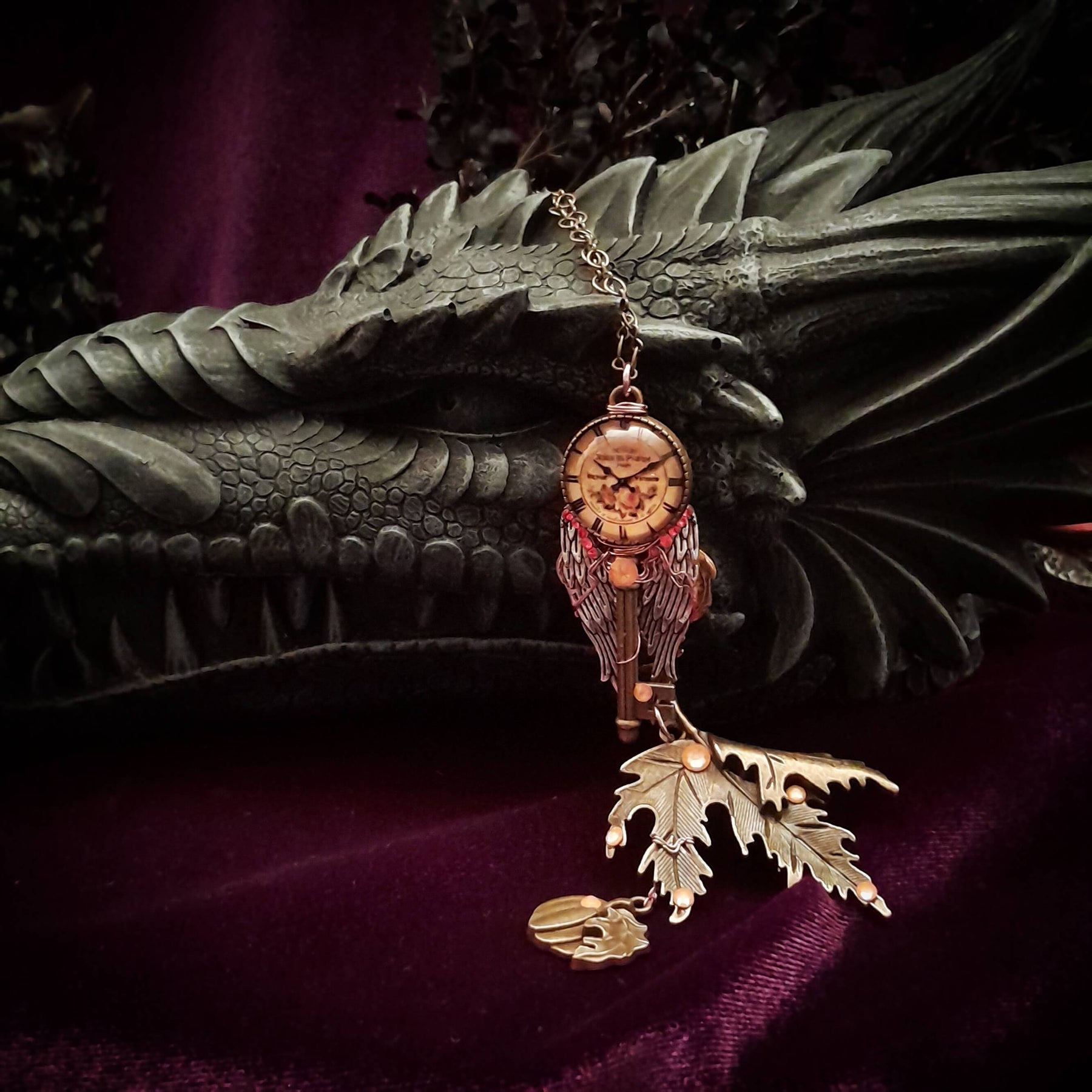 Maple Leaf Winged Clock Necklace