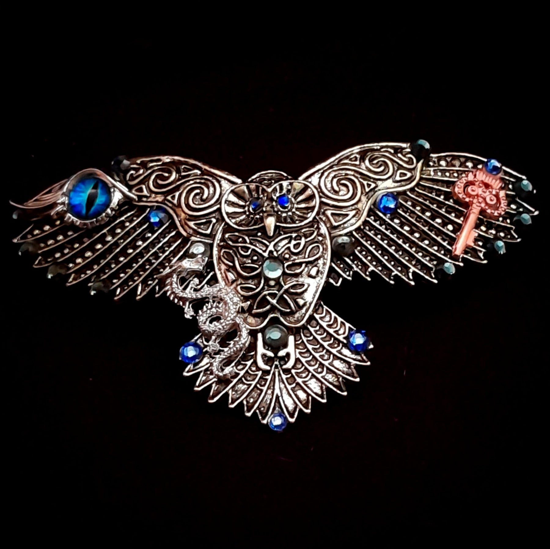 Fantasy Silver Owl Blue Crystal Hairclip