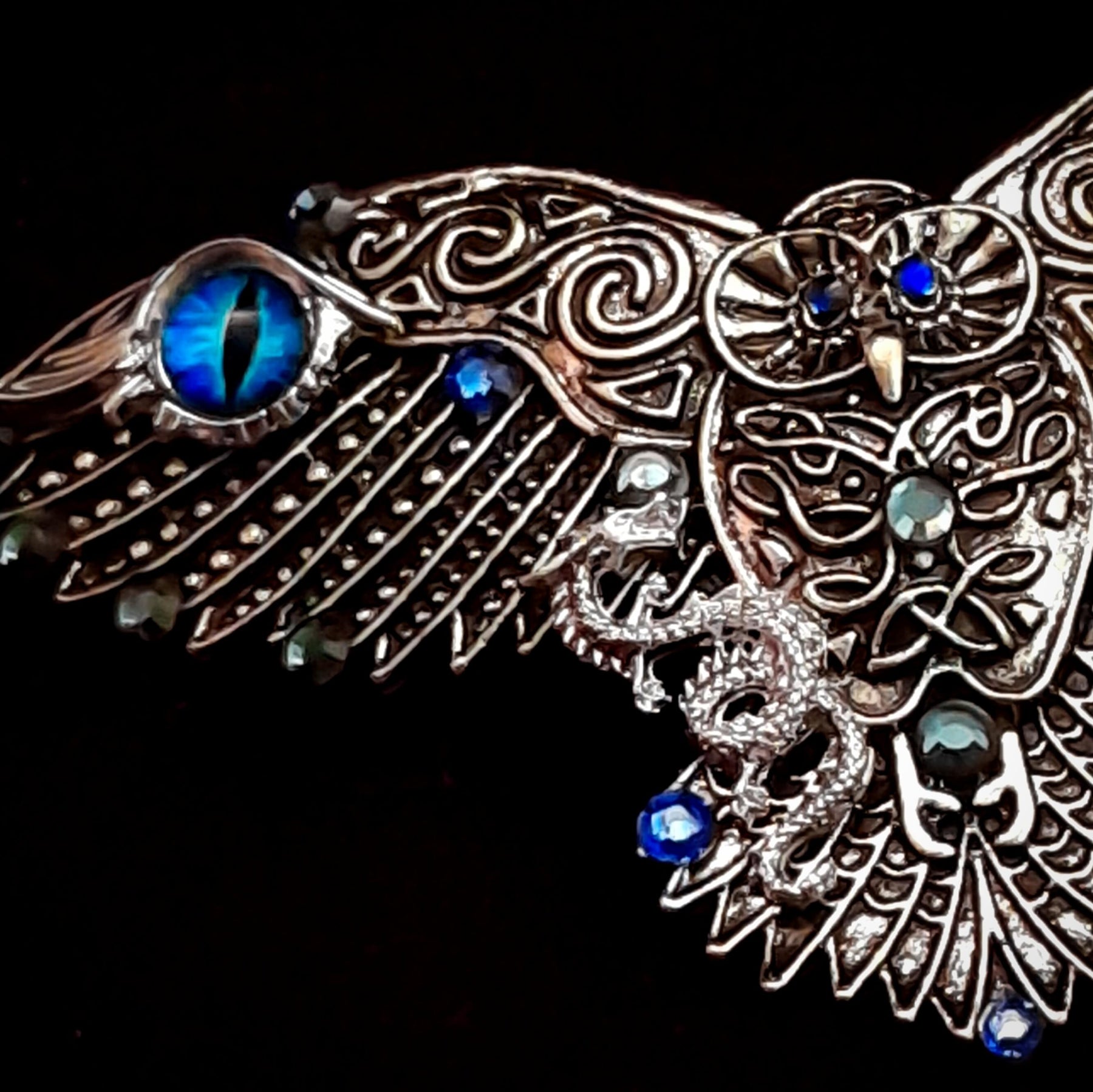 Fantasy Silver Owl Blue Crystal Hairclip