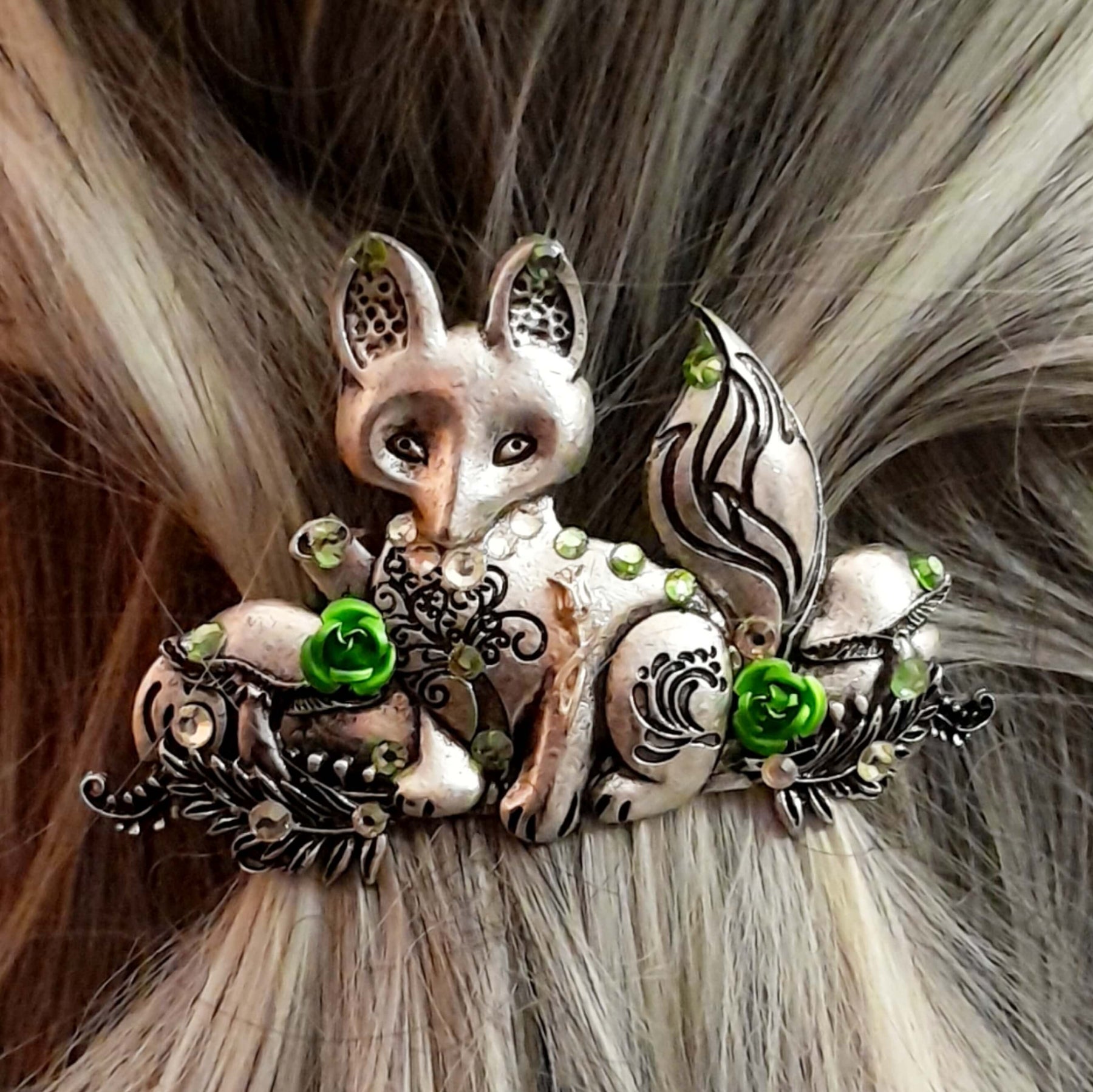 Peridot Green Crystal Fox Hairclip