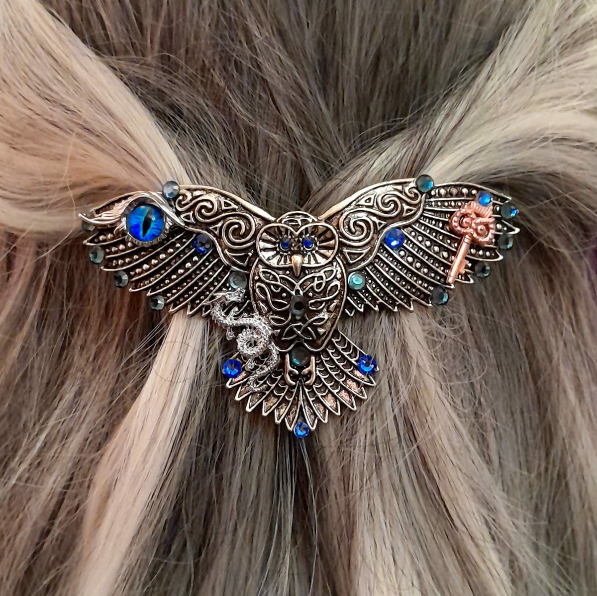 Fantasy Silver Owl Blue Crystal Hairclip