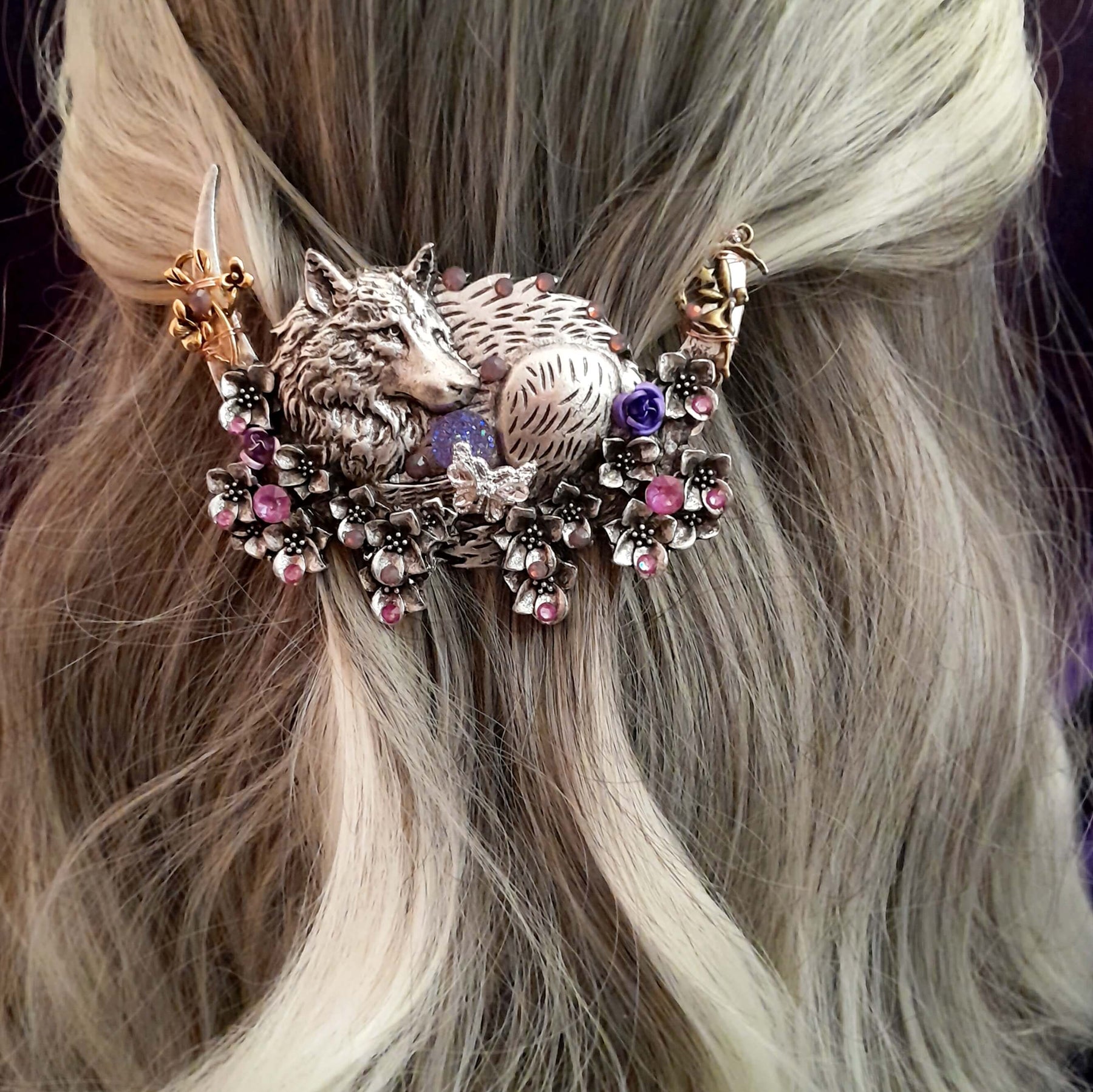 Wolf Hairclip Purple Druzy Gemstones & Crystals