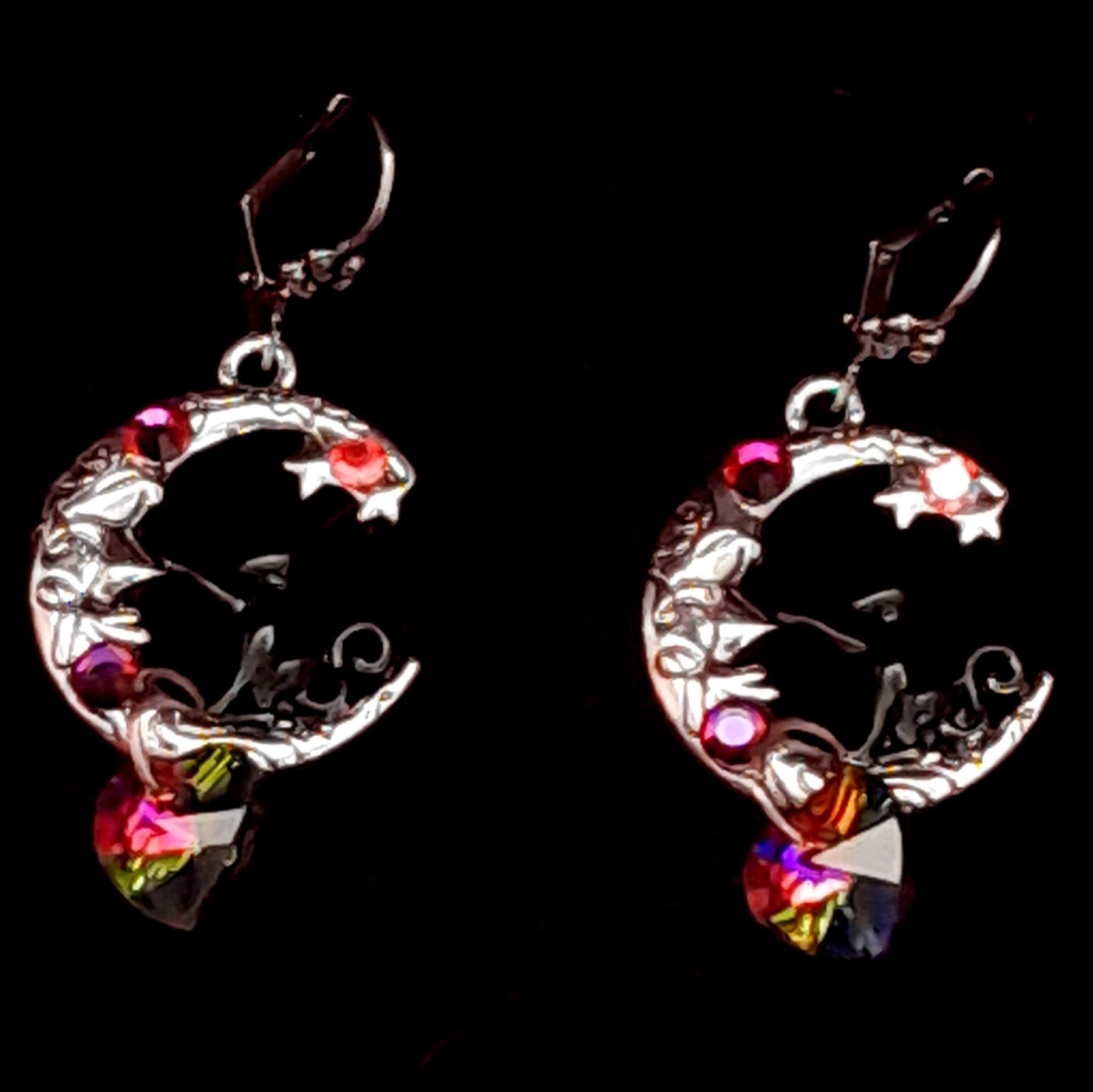 Cat Moon Crystal Heart Earrings