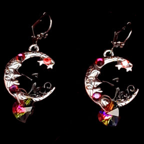 Cat Moon Crystal Heart Earrings