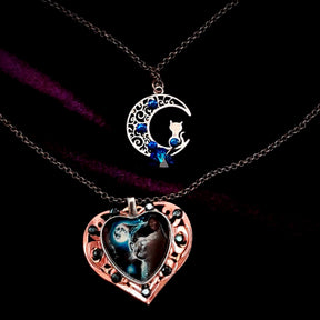 Cat and Moon Double Chain Necklace