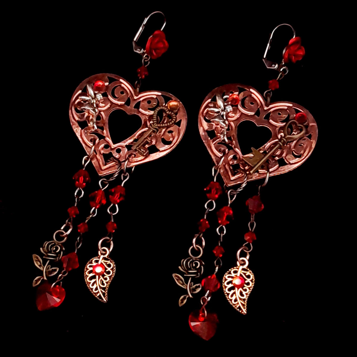 Long Chandelier Red Crystal Heart Earrings