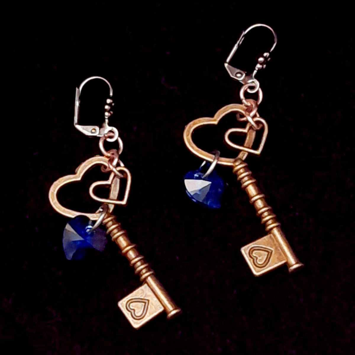 Blue Crystal Heart Key Dangle Earrings