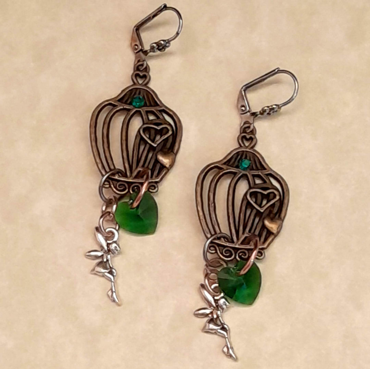 Birdcage Fairy Green Crystal Heart Earrings