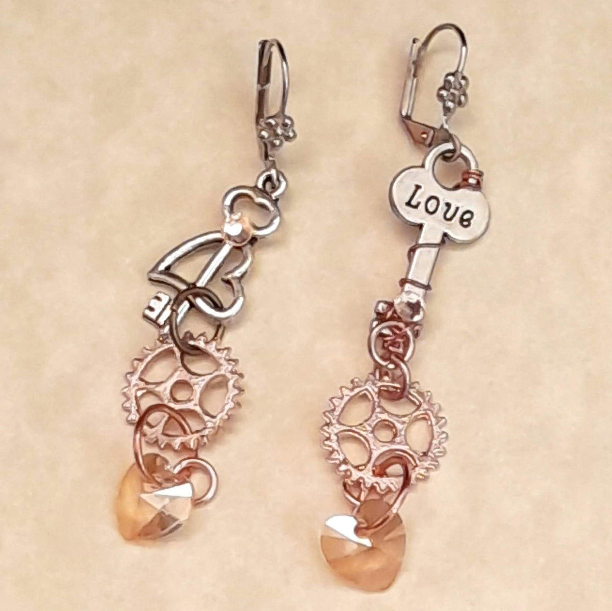 Asymmetrical Key Crystal Heart Earrings