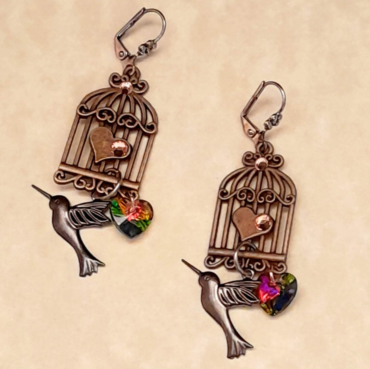 Birdcage Hummingbird Heart Earrings