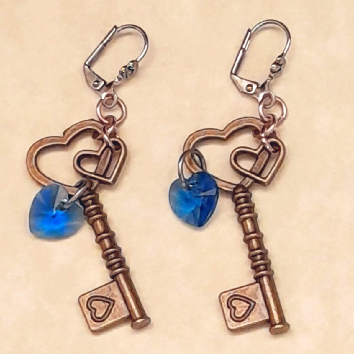 Blue Crystal Heart Key Dangle Earrings