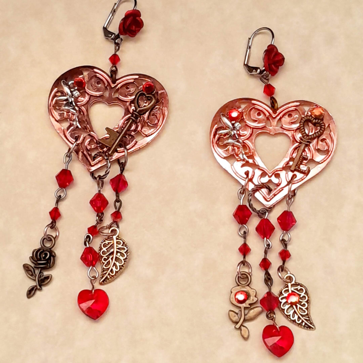 Long Chandelier Red Crystal Heart Earrings