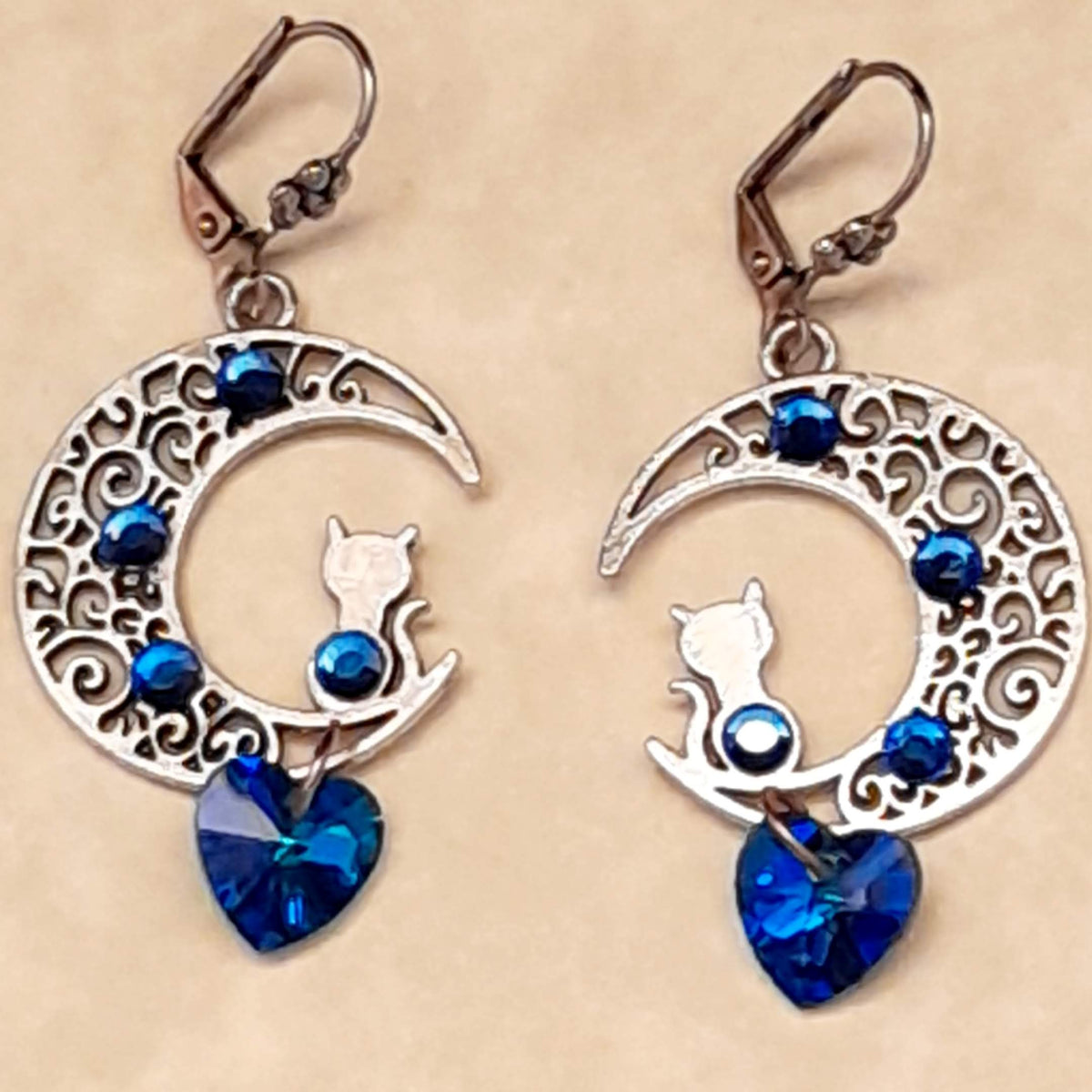 Cat Moon Blue Crystal Heart Earrings