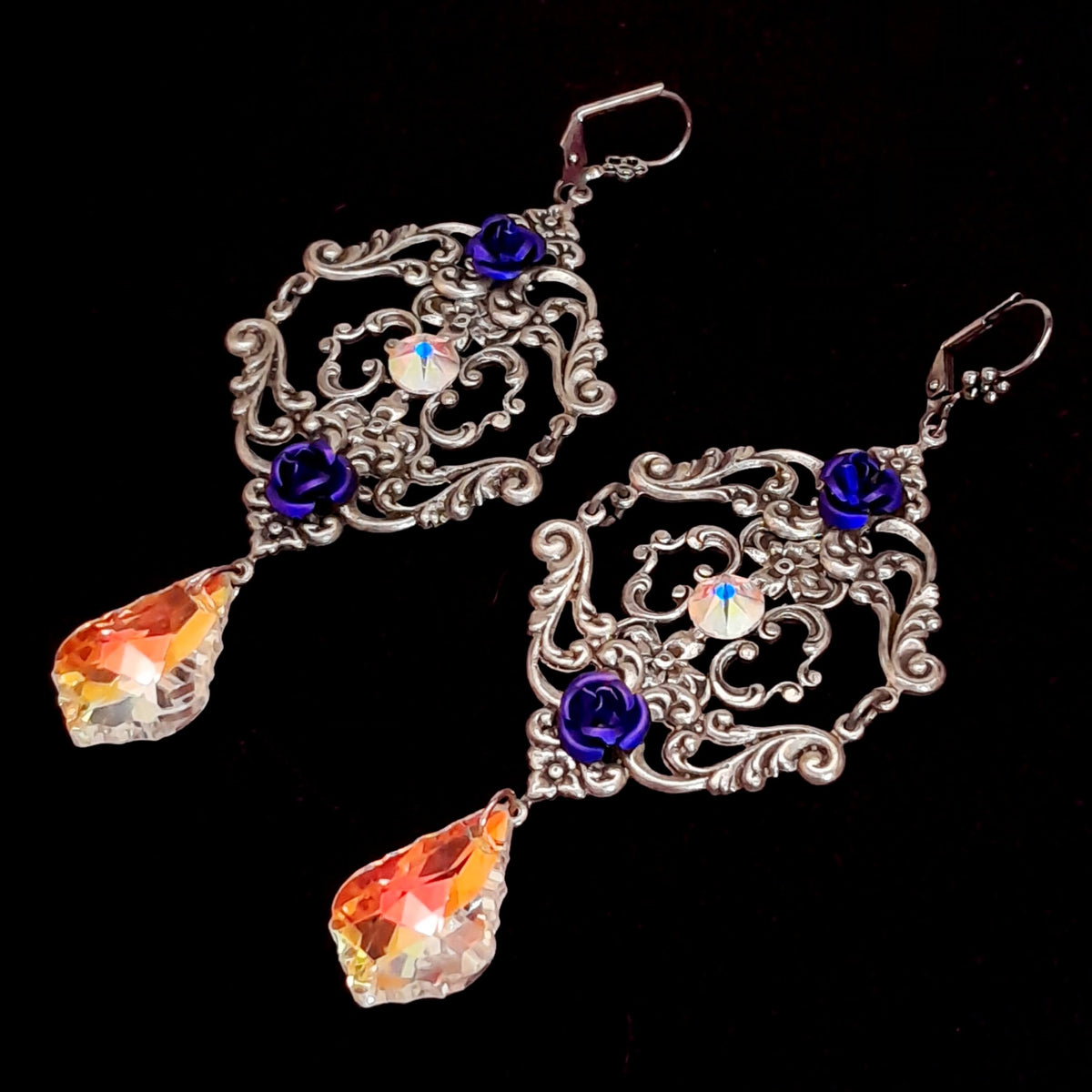 Chandelier Purple Rose Heart Earrings