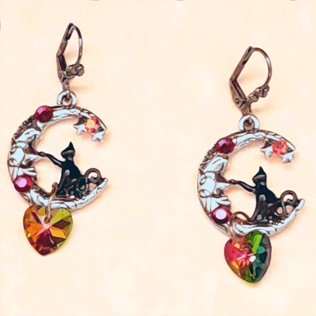 Cat Moon Crystal Heart Earrings