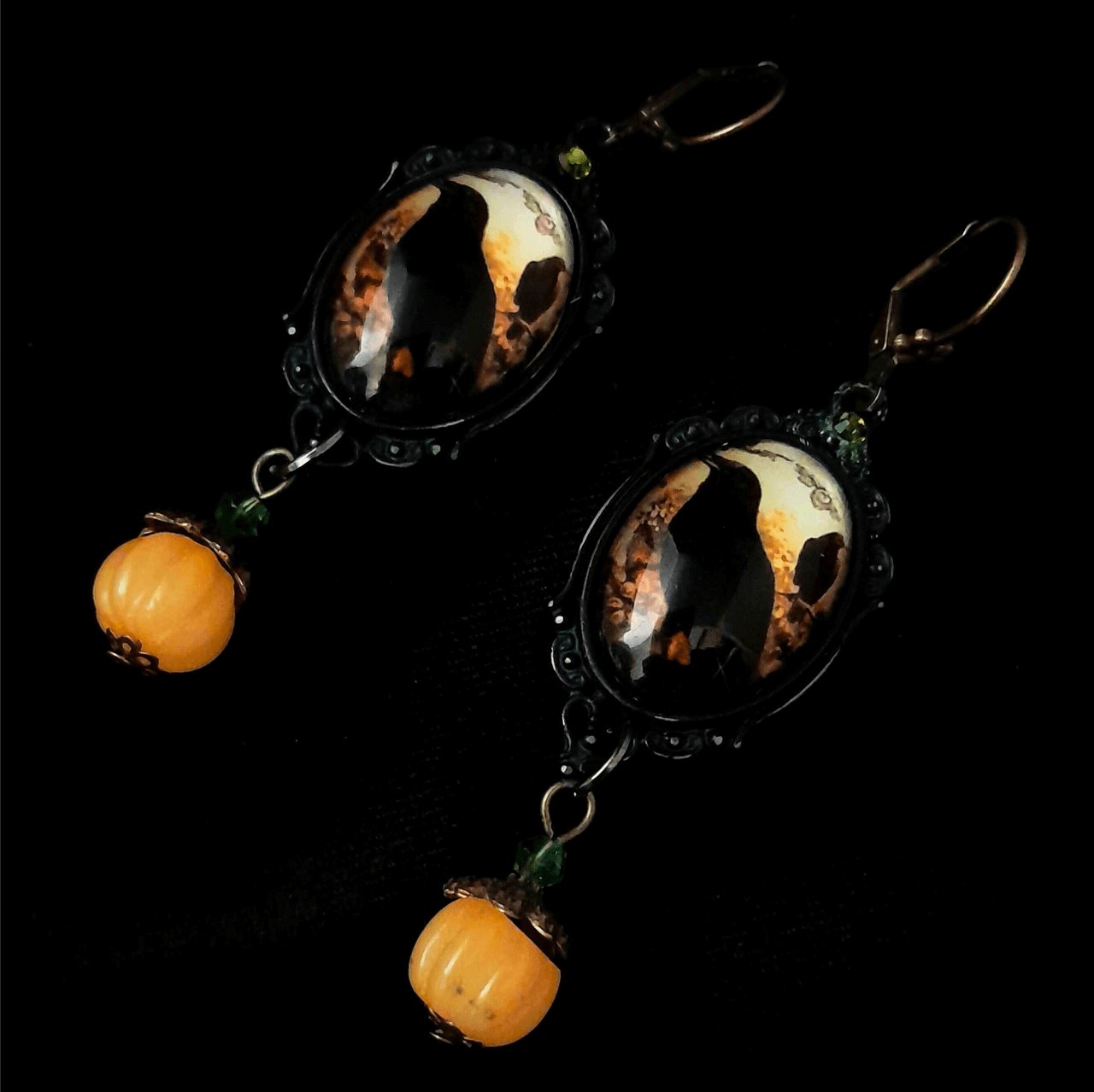 Black Crow & Pumpkin Cabochon Earrings