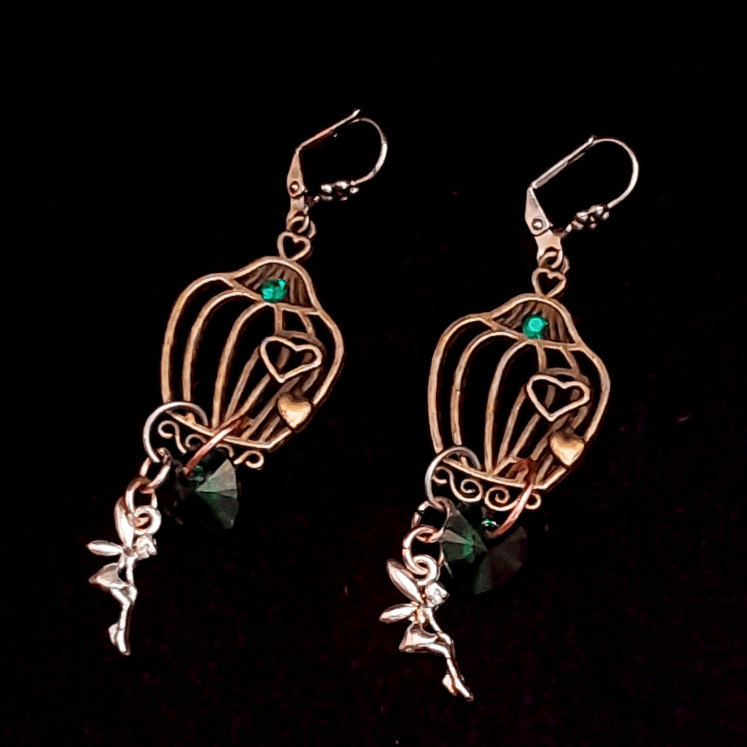 Birdcage Fairy Green Crystal Heart Earrings