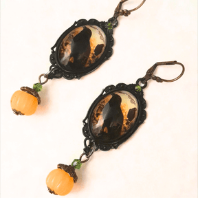 Black Crow & Pumpkin Cabochon Earrings