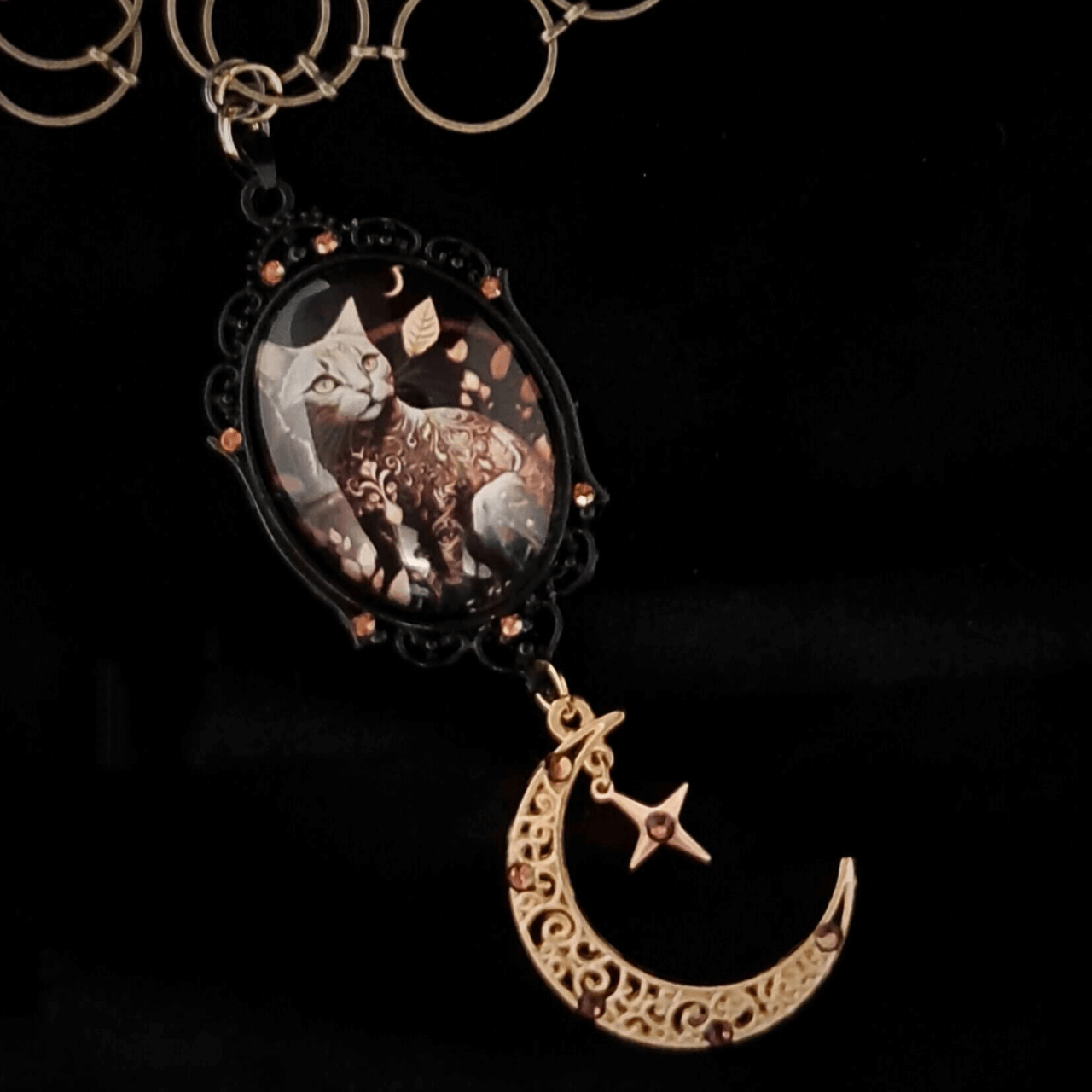 Magical Cat & Moon Cabochon Necklace